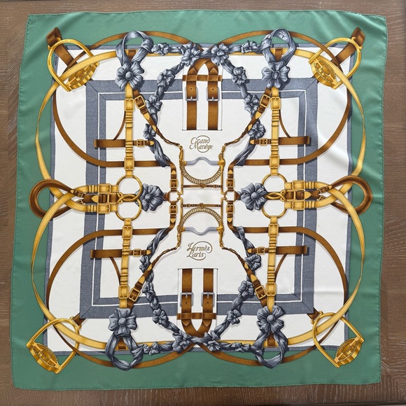 Hermes Accessories - Hermes Silk Scarf with Gold Tack & Green Border